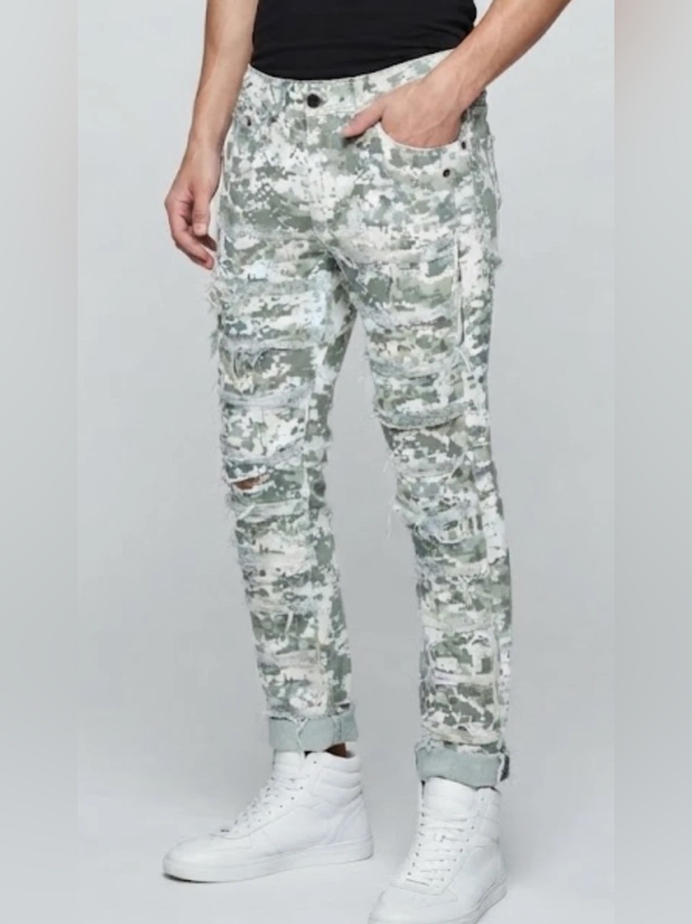 TAKER Digital Camouflage Distressed Frayed Patch Slim Stretch Jeans Sz 28x30 Str